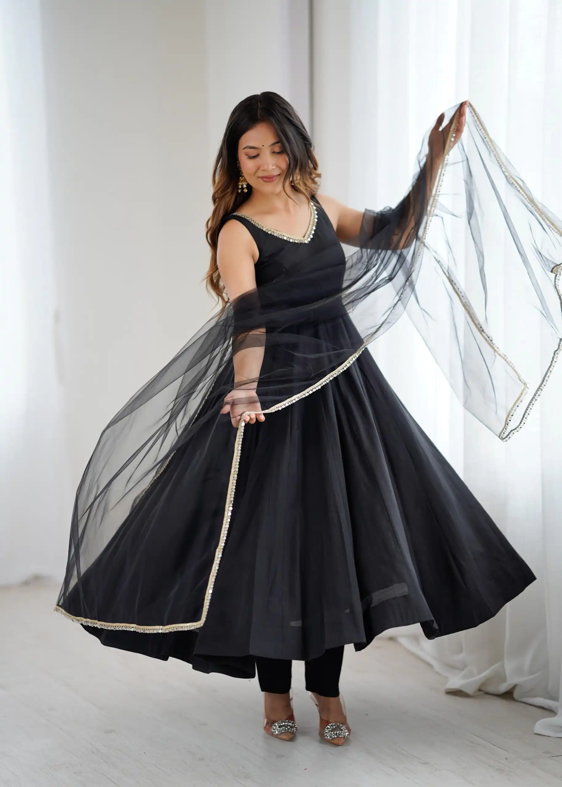 Black Roman Silk Chanderi Mirror Work Gown - Image 2
