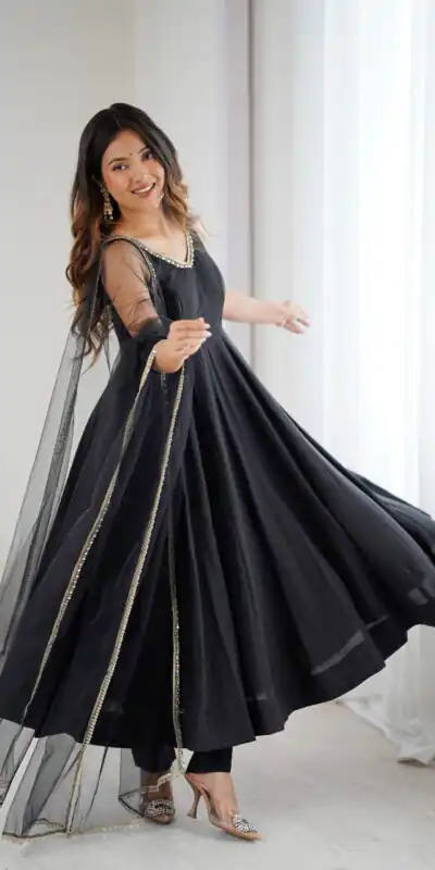 Black Roman Silk Chanderi Mirror Work Gown