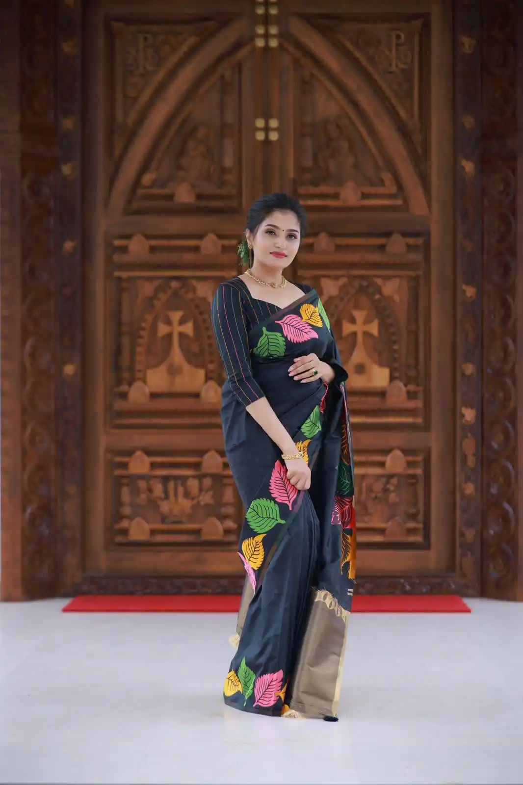 Black Soft Lichi Silk Lace Border Work Saree