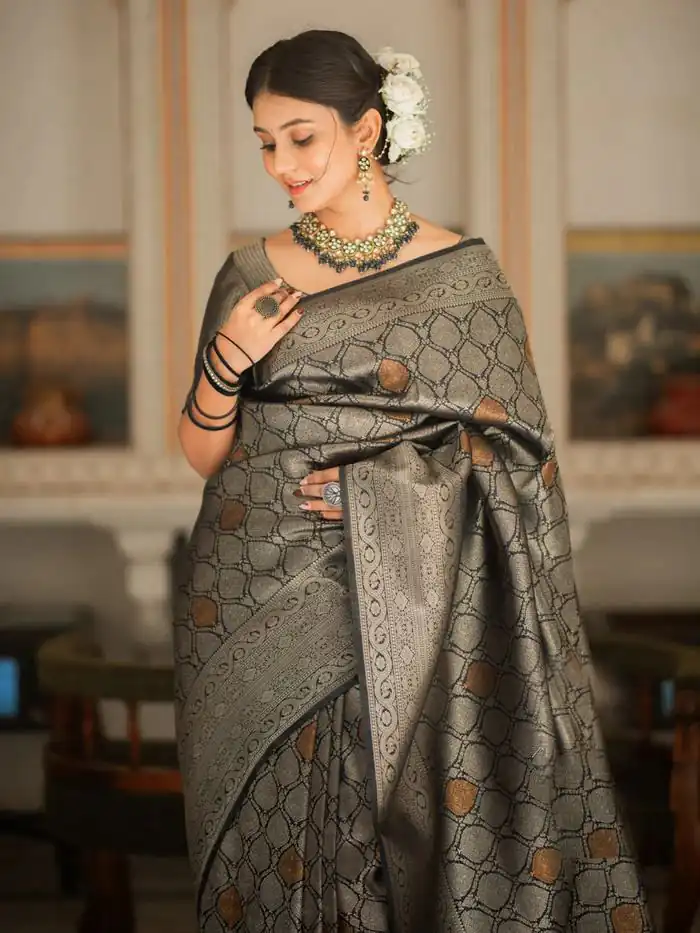 Black Soft Lichi With Jacquard Work Silk Saree - Image 3