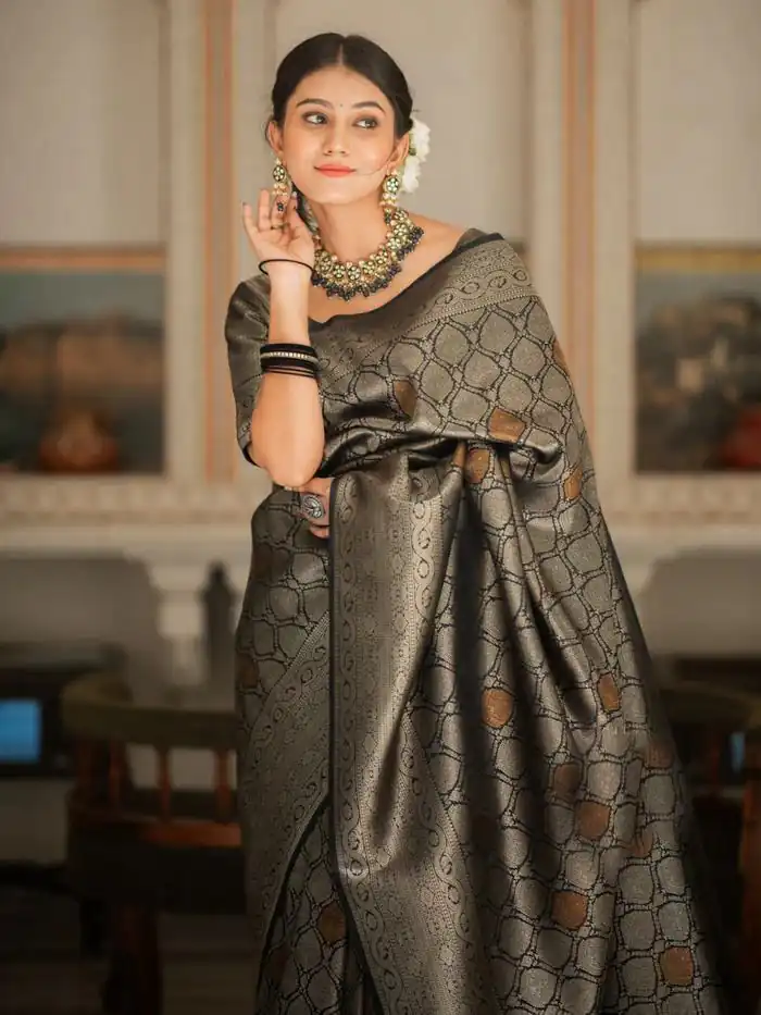 Black Soft Lichi With Jacquard Work Silk Saree - Image 2