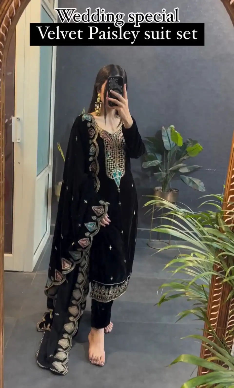 Black Viscose Velvet With Embroidery Work Salwar Suit - Image 3