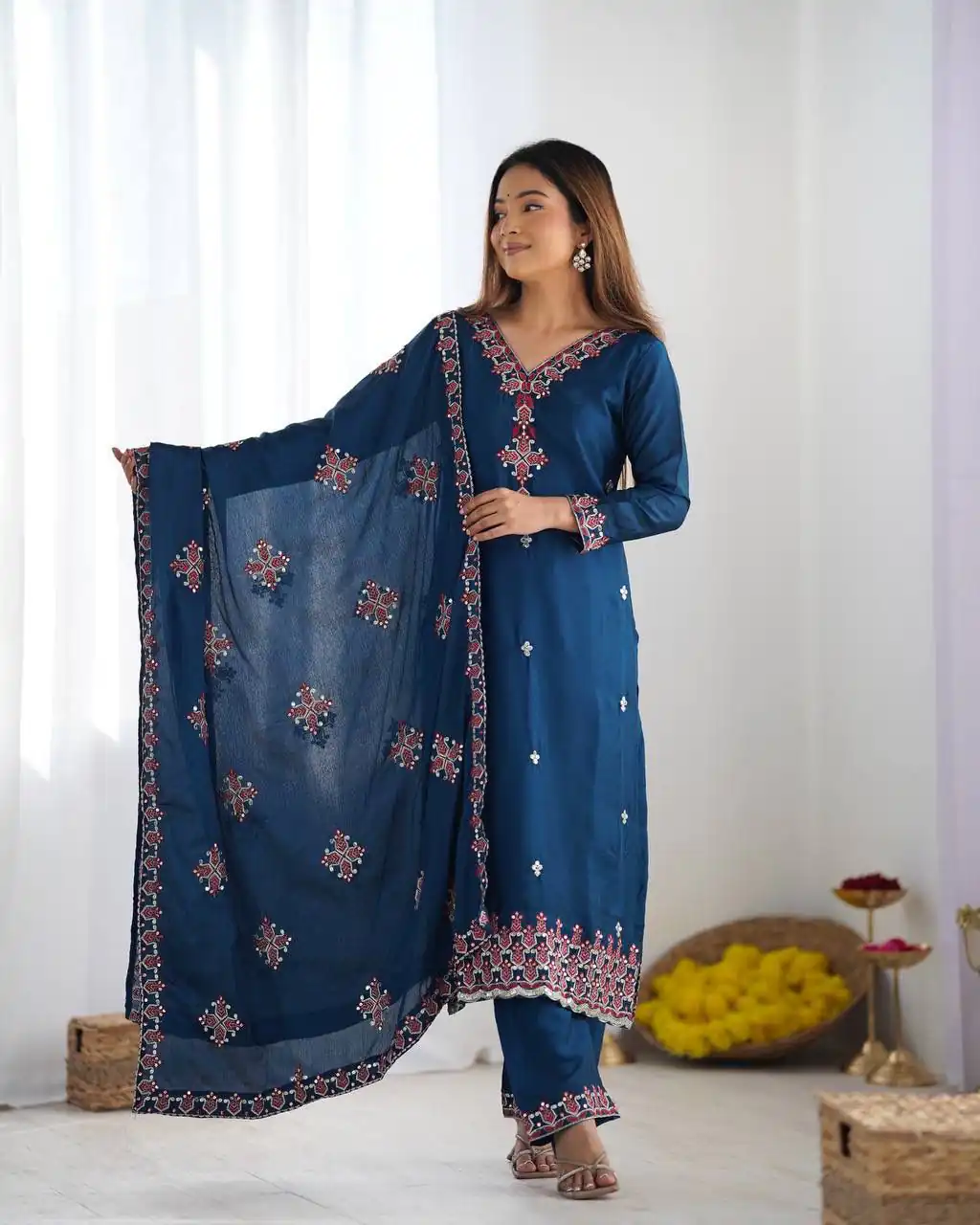 Blue Chinnon Silk Lace Embroidery Work Salwar Suit - Image 5