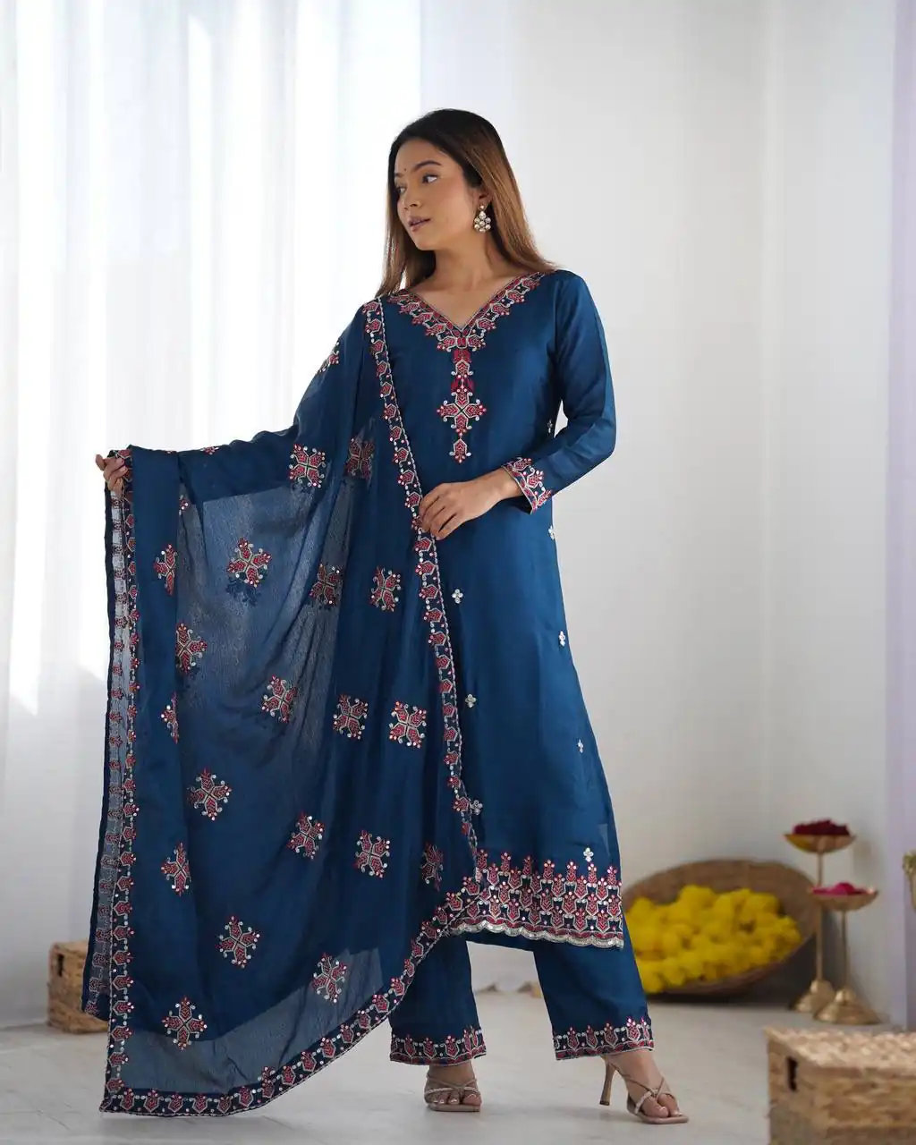 Blue Chinnon Silk Lace Embroidery Work Salwar Suit - Image 2