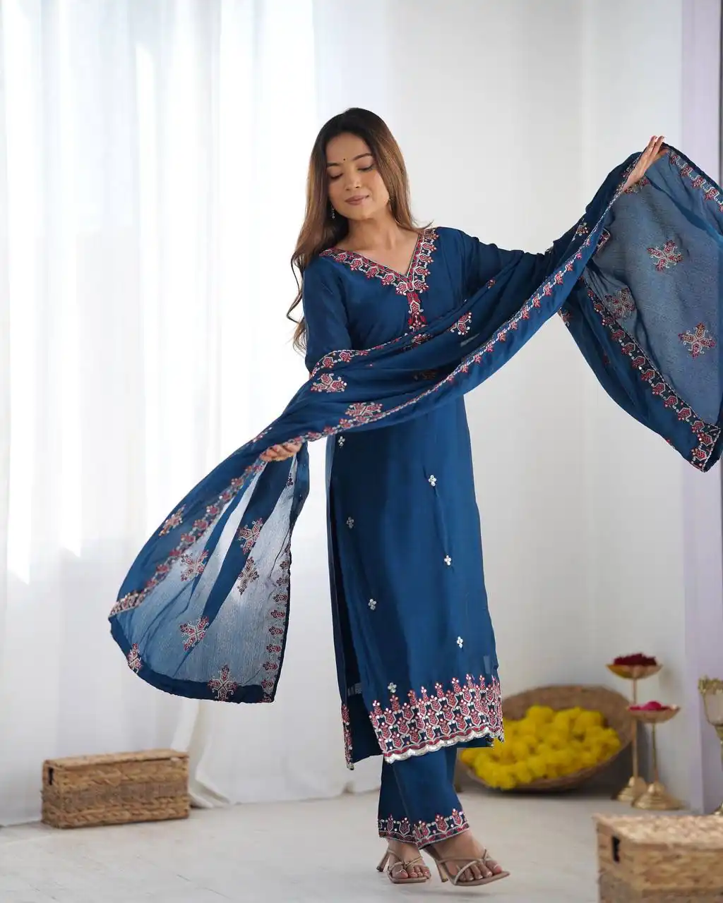 Blue Chinnon Silk Lace Embroidery Work Salwar Suit