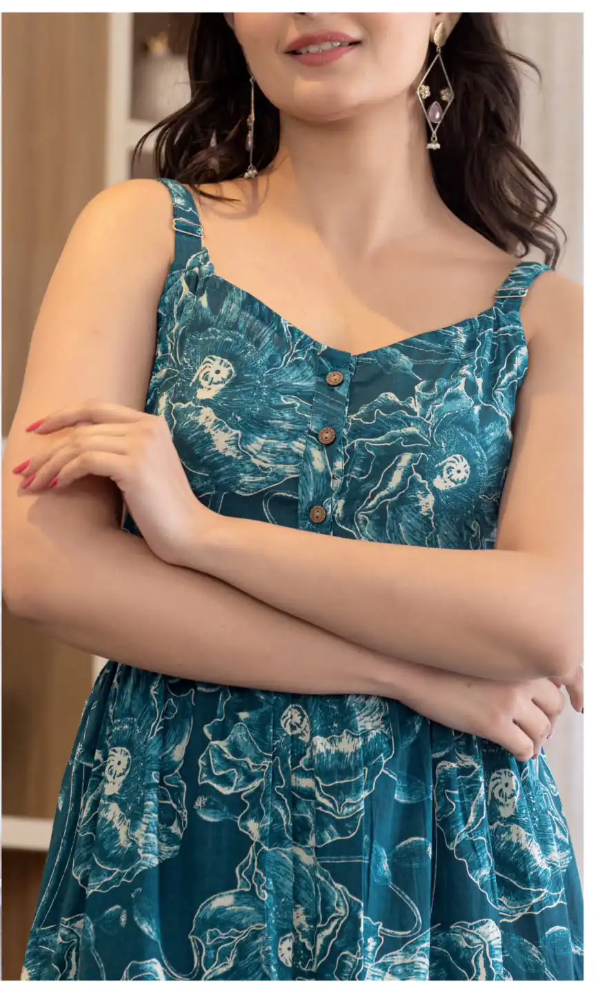 Blue Cotton With Printed Gown - Image 2