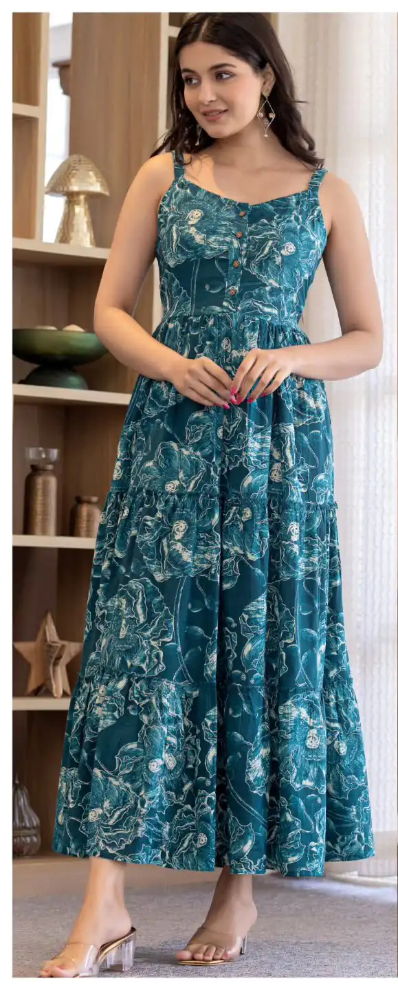 Blue Cotton With Printed Gown