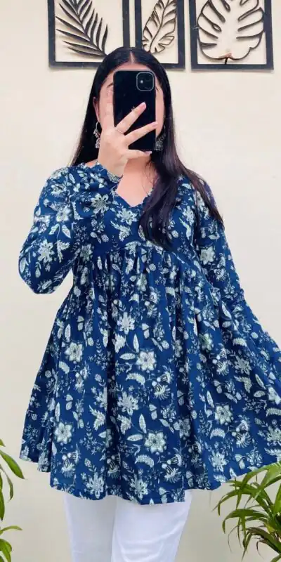 Blue Cotton With Printed Kurti