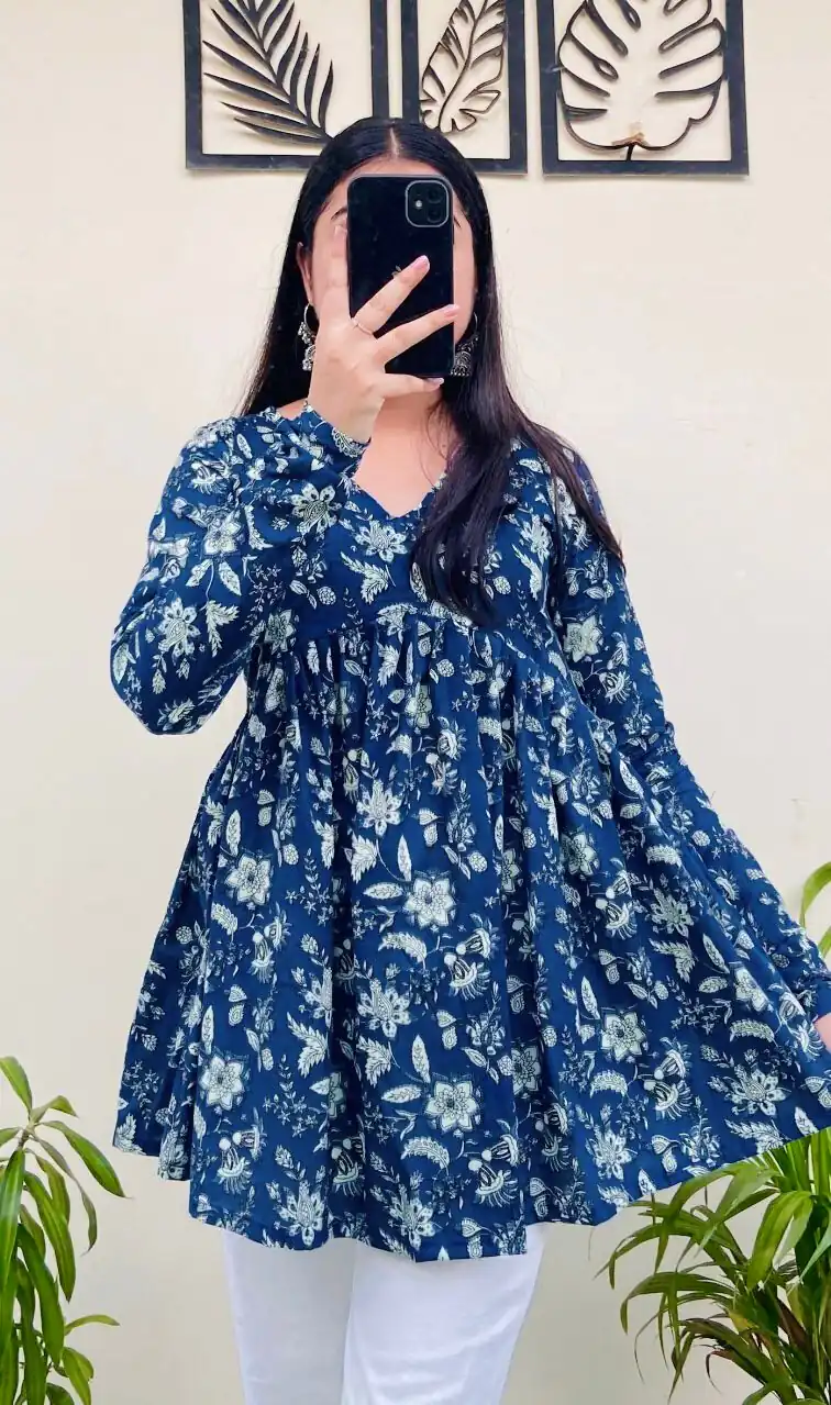 Blue Cotton With Printed Kurti