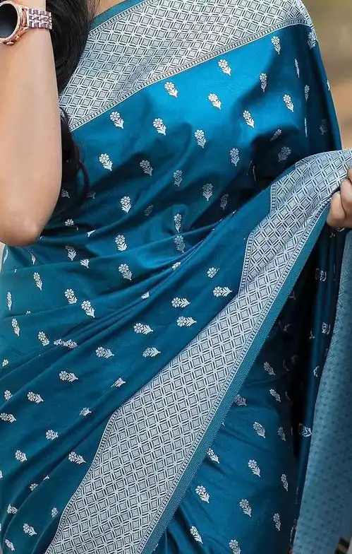 Blue Lichi Silk Border Lace Work Saree - Image 3