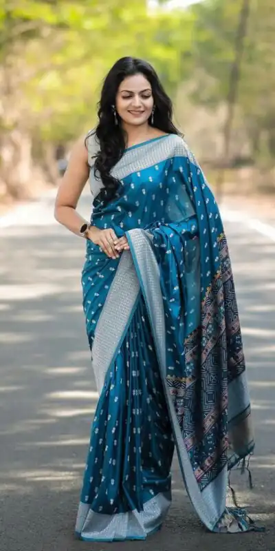 Blue Lichi Silk Border Lace Work Saree
