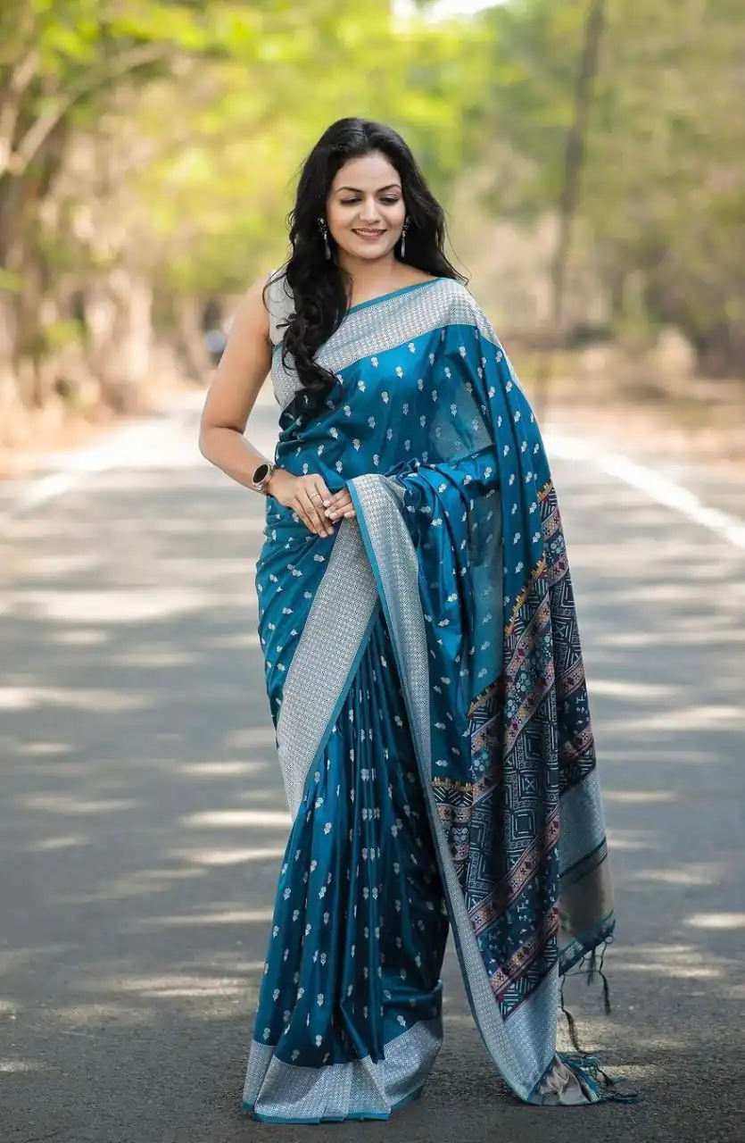Blue Lichi Silk Border Lace Work Saree