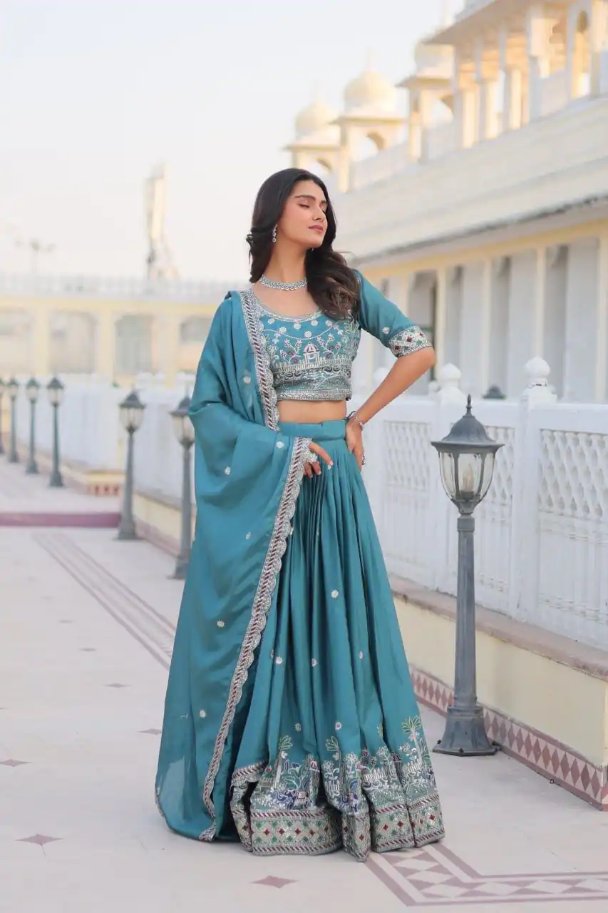 Blue Pure Chinon Embroidery Work Lehenga Choli - Image 4