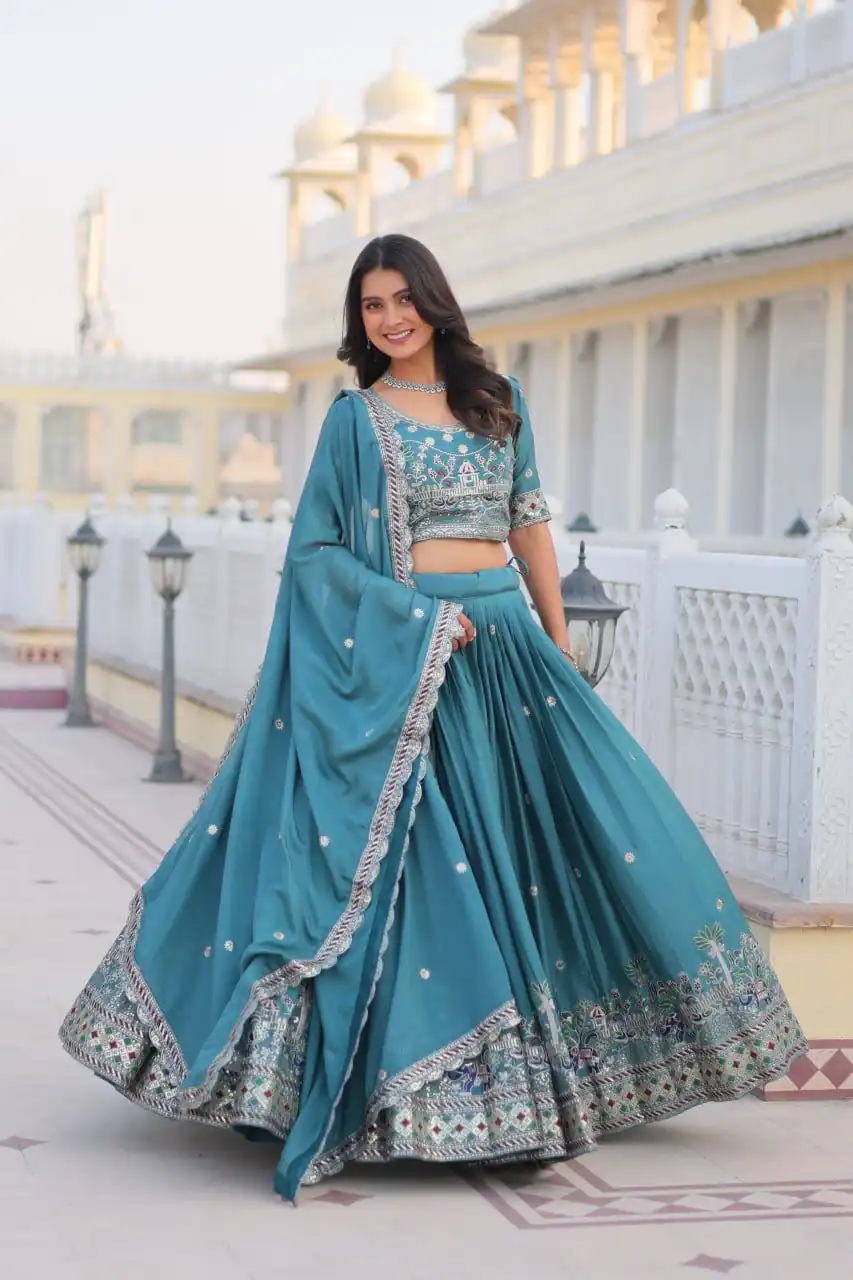 Blue Pure Chinon Embroidery Work Lehenga Choli - Image 2