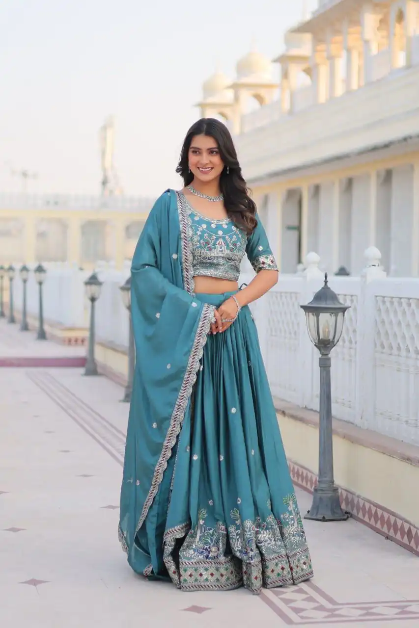 Blue Pure Chinon Embroidery Work Lehenga Choli