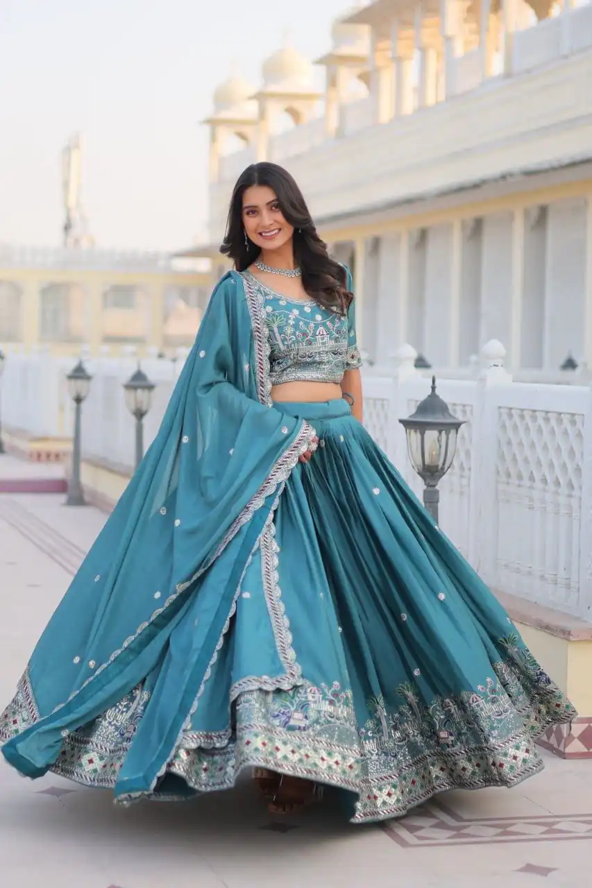 Blue Pure Chinon Embroidery Work Lehenga Choli - Image 7