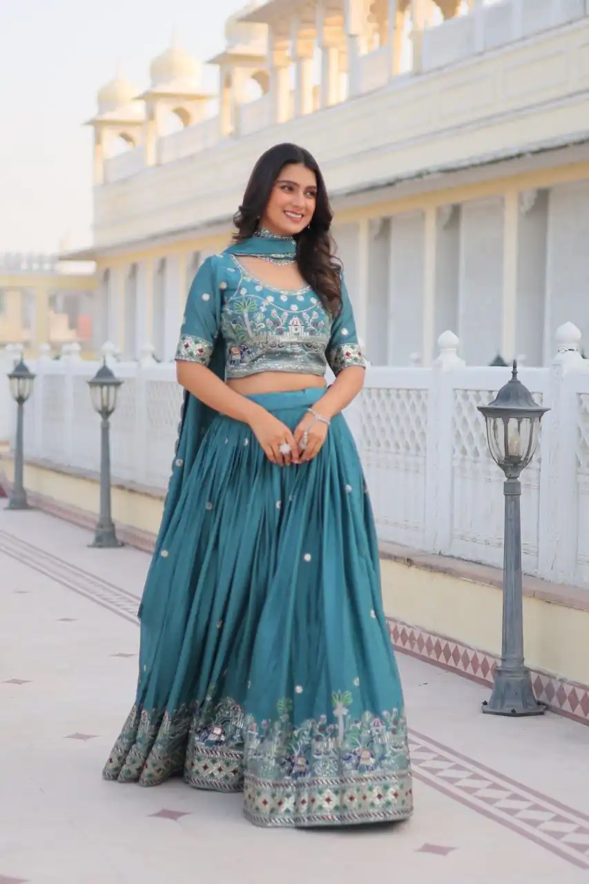 Blue Pure Chinon Embroidery Work Lehenga Choli - Image 6