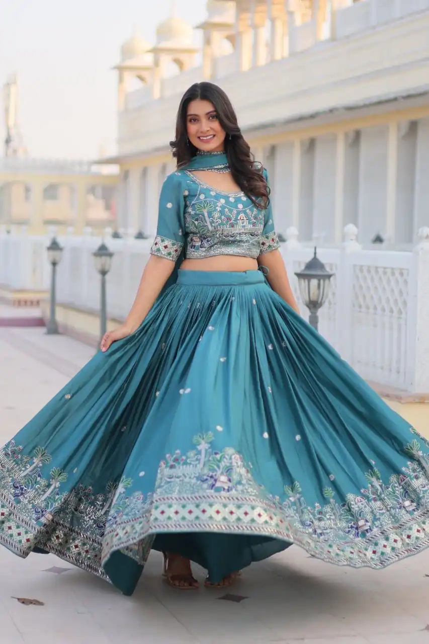 Blue Pure Chinon Embroidery Work Lehenga Choli - Image 5