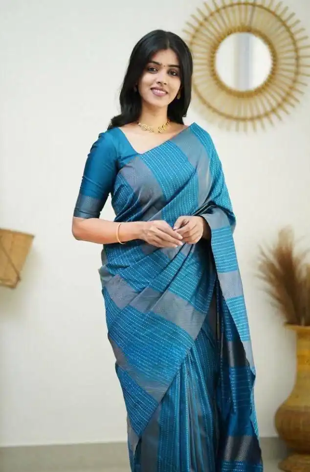 Blue Soft Lichi Silk Rich Pallu Work Border Saree - Image 2