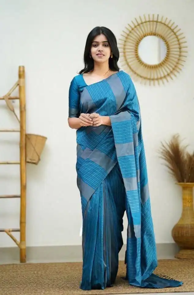 Blue Soft Lichi Silk Rich Pallu Work Border Saree