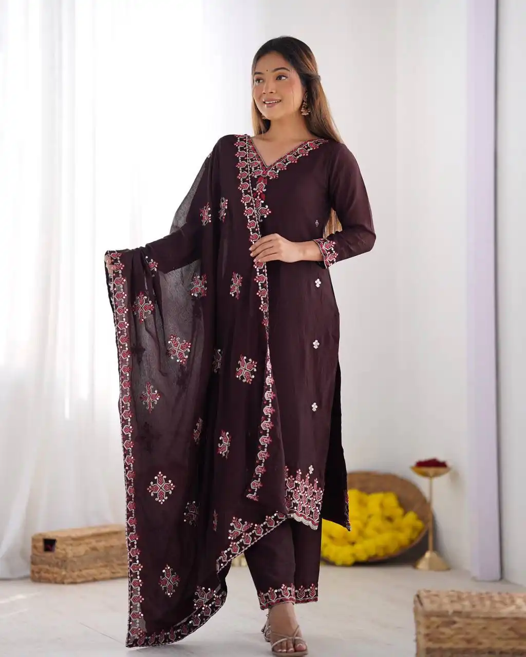 Brown Chinnon Silk Lace Embroidery Work Salwar Suit