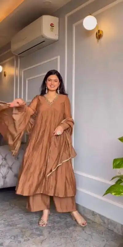AD 152 Brown Color Pure Chinon Silk Embroidery Gown Fancy Full Sleeve Wedding, Party, Festive, Events Etc. Expected Delivery  4-6 Working Days @1799/ | Jump Suits, Salwar suit, Casual Suits, Creative suits, Designer Suits, Palazzo Suits, Party Wear Suits, Patiala Suits, Straight Suits