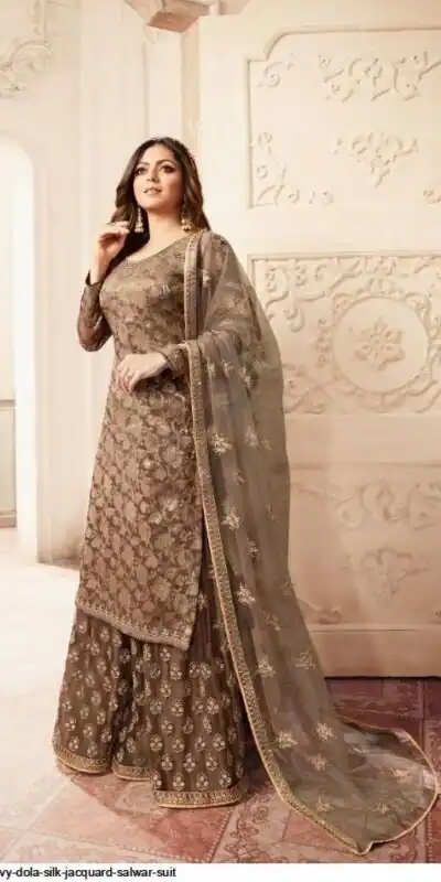 FC L.t 5401 Brown Color Jacquard Silk Georgette Diamond Sharara Suit Wedding, Party, Festive Expected Delivery 4-6 Working Days  @2999/- | Jump Suits, Salwar suit, Casual Suits, Creative suits, Designer Suits, Palazzo Suits, Party Wear Suits, Patiala Suits, Straight Suits