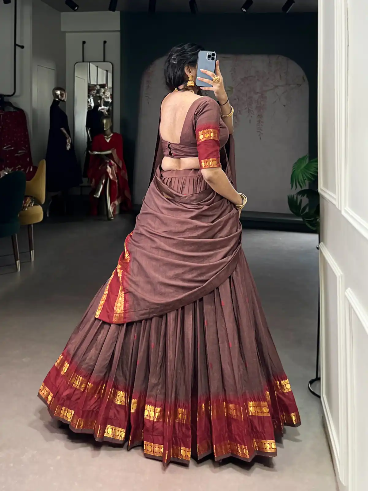 Brown Pure Chanderi Zari Work Lehenga Choli - Image 3