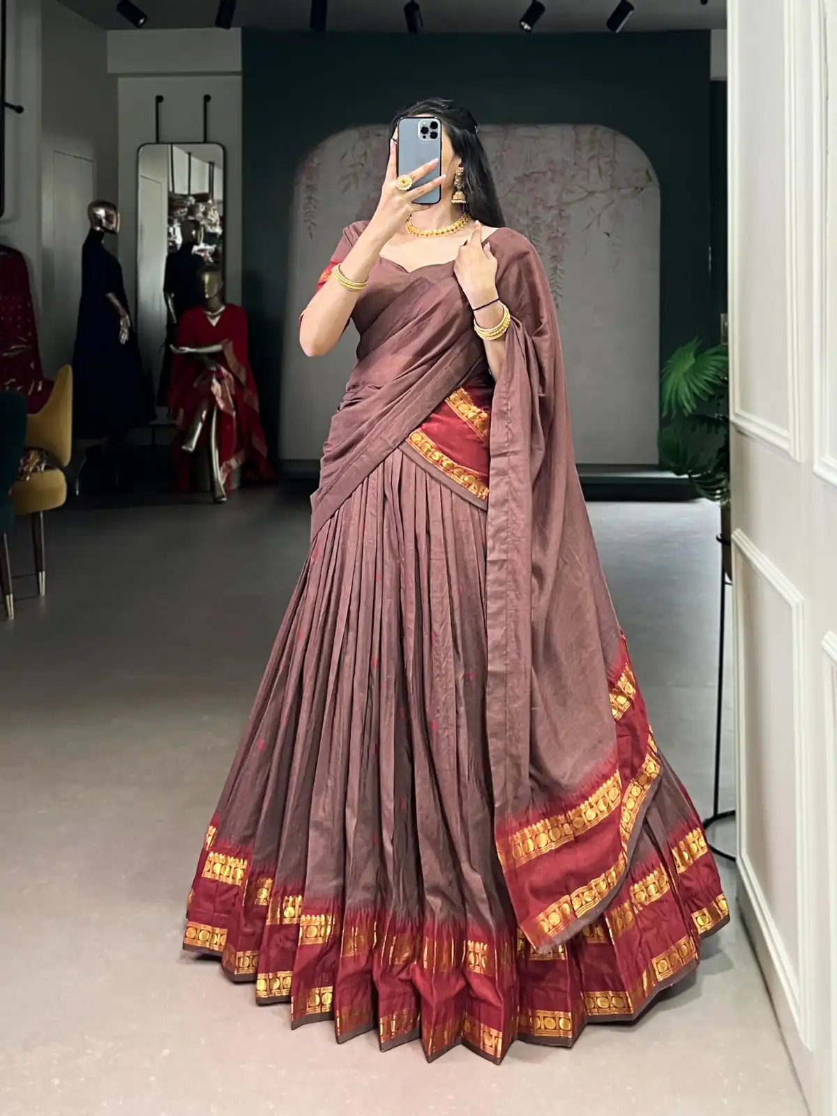 Brown Pure Chanderi Zari Work Lehenga Choli - Image 2