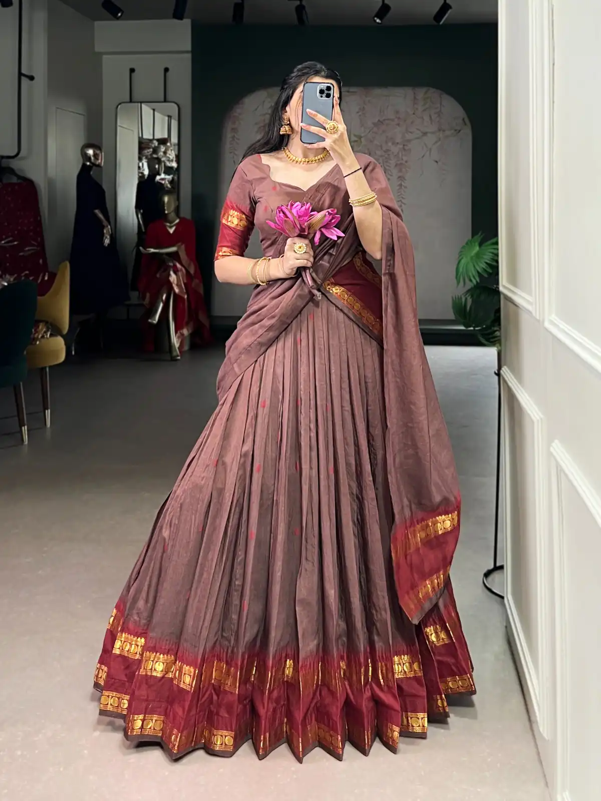 Brown Pure Chanderi Zari Work Lehenga Choli