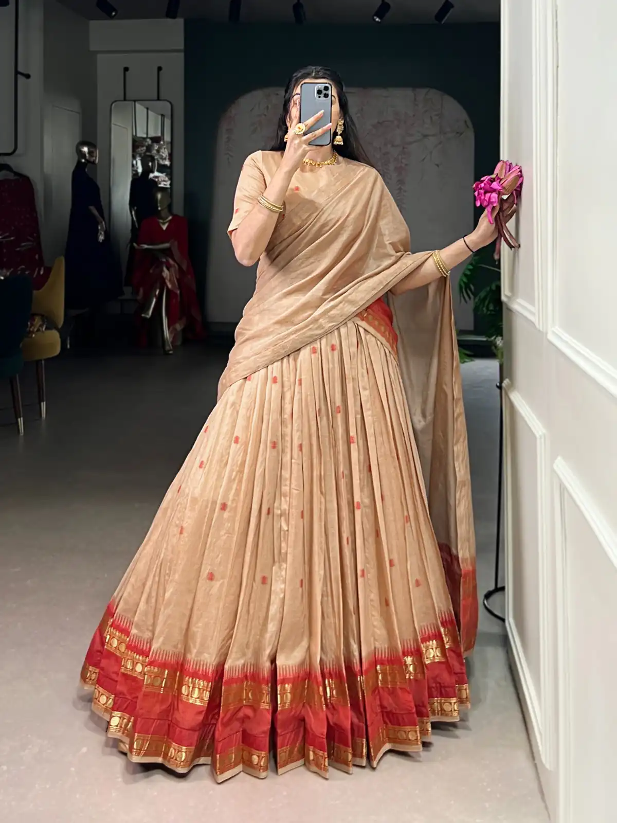 Cream Pure Chanderi Zari Work Lehenga Choli