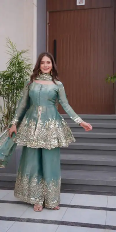 Firozi Fendy Satin Silk Embroidery Mirror Work Gown