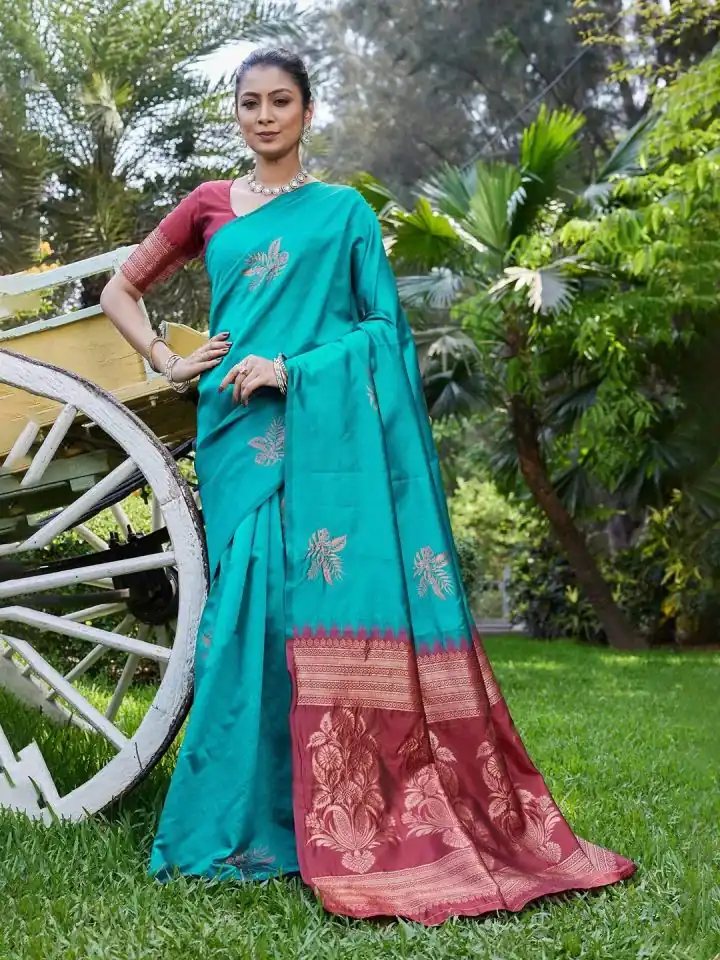 Firozi Lichi Silk Lace Border Saree
