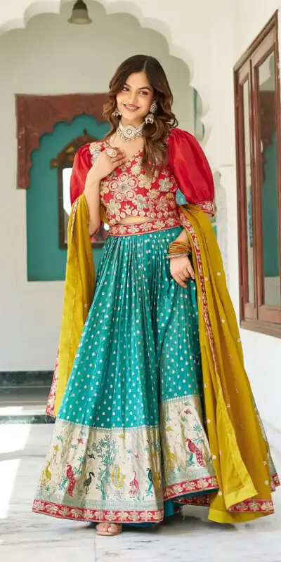 Ram 104 Firozi mono silk Lehenga Choli Perfect for Wedding, Party, Anniversary, Onam, Ethnic Day – . Festive Deal ₹3149. Delivery 4-6 Working Days. | Lehenga, Bollywood Lehenga, Creative Lehenga, Designer Lehenga, Embroidered Lehenga, Party Wear Lehenga