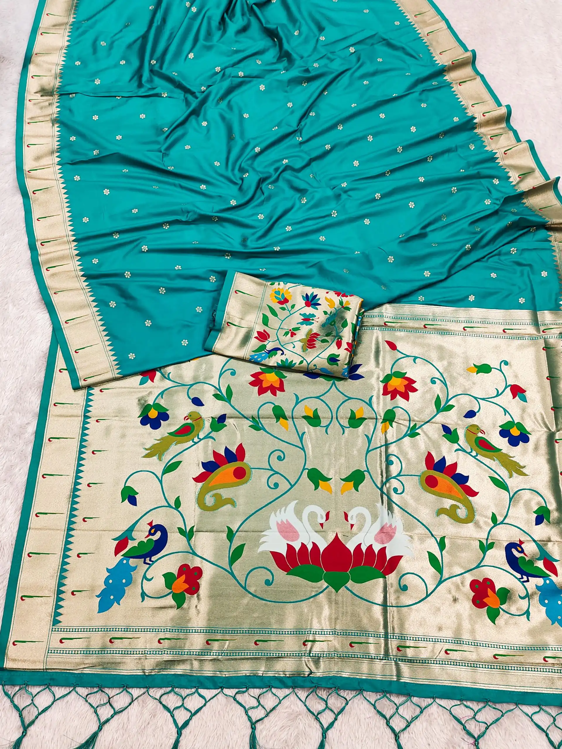 Firozi Silk Zari Lace Work Saree