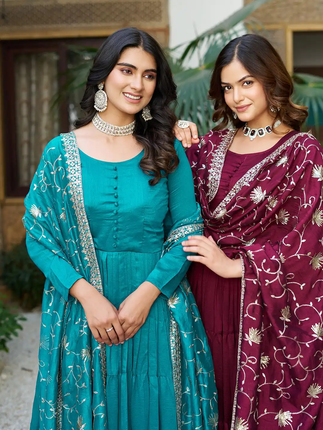 Firozi Vichitra Silk Embroidery Work Gown - Image 6