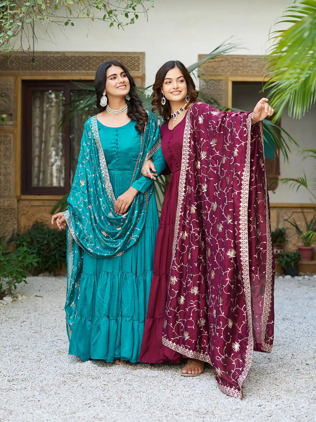 Firozi Vichitra Silk Embroidery Work Gown - Image 5