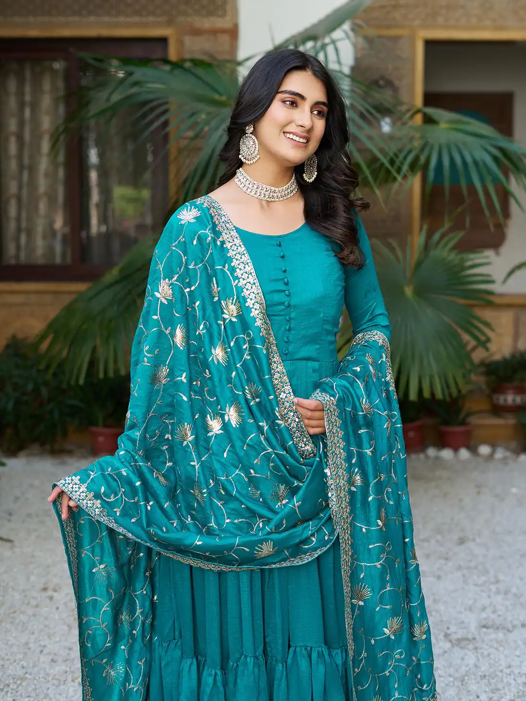 Firozi Vichitra Silk Embroidery Work Gown - Image 3