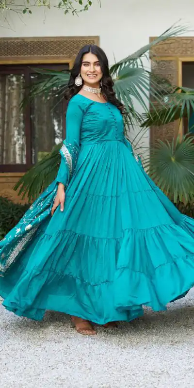 106 Firozi Color Vichitra Silk Gown Ram with Embroidery Work. Exclusive Offer ₹2049. Delivery 4-6 Working Days. Shop now. | Jump Suits, Salwar suit, Casual Suits, Creative suits, Designer Suits, Palazzo Suits, Party Wear Suits, Patiala Suits, Straight Suits