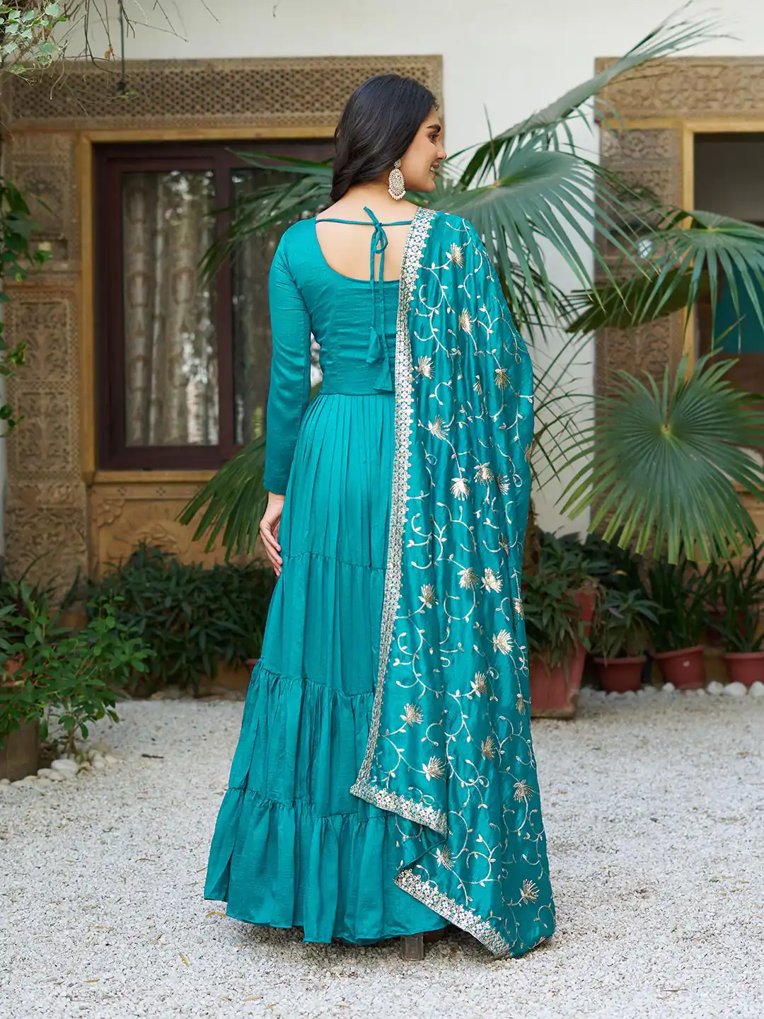 Firozi Vichitra Silk Embroidery Work Gown - Image 2