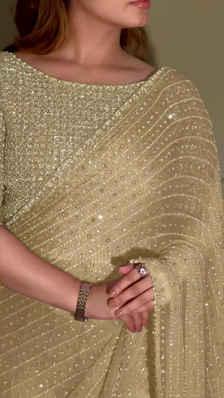 YNF 3452 Gold -DF 3452 Color Georgette Sequins Multy Embroidery Work Saree Casual, Wedding, Festive, Events . Expected Delivery  4-6 Working Days @1799/-                                                                                 | Sarees, Bollywood Sarees, Creative Sarees, Designer Sarees, Embroidered Sarees, Ethnic Saree, Modern Digital sarees, Party Wear Sarees