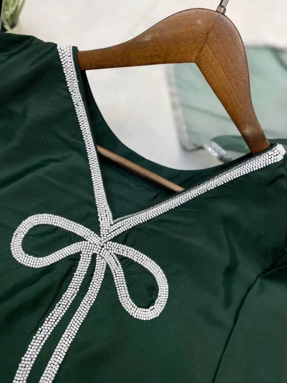 Green French Crape Bead Work Salwar Suit - Image 2