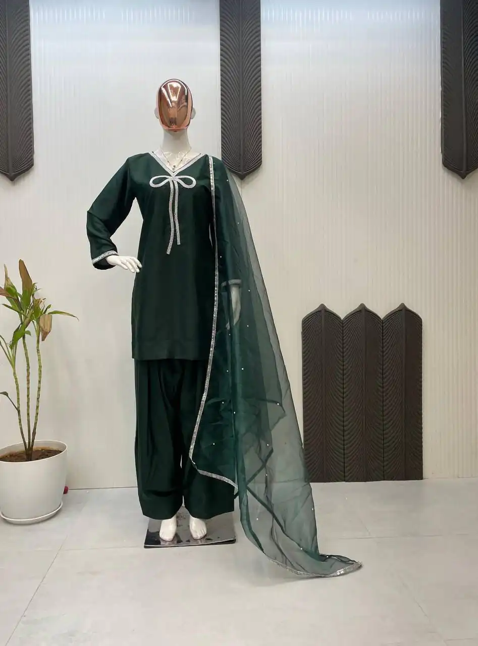 Green French Crape Bead Work Salwar Suit