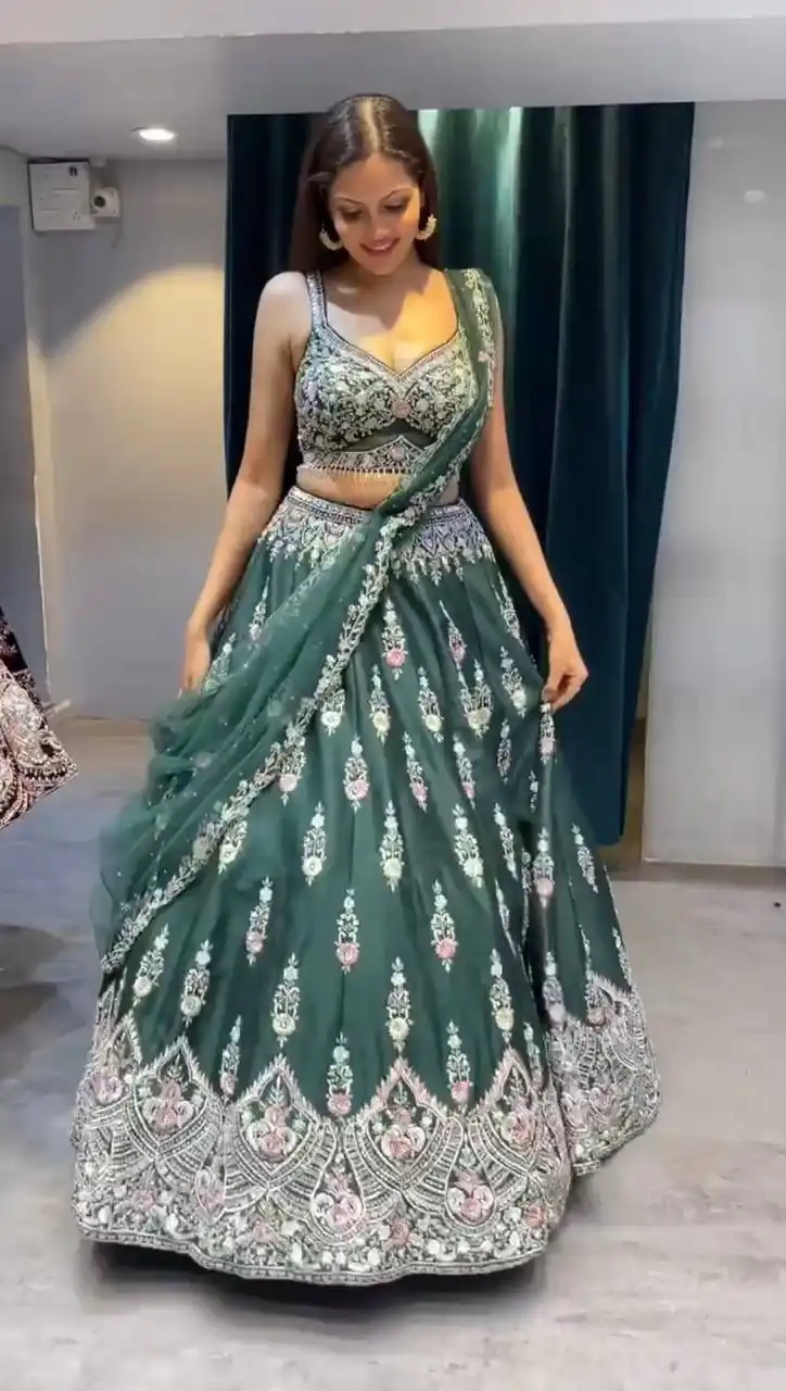 Green Fuax Georgette Cut Work Lehenga Choli - Image 3