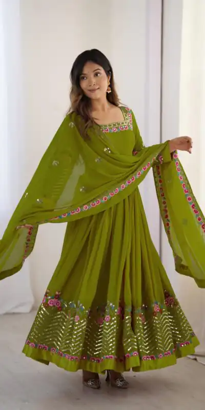 ZF 5010 Green Georgette Gown Perfect for Wedding, Party, Pooja, Ethnic Day, Karwa Chauth – . Best Price ₹2049. Delivery 4-6 Working Days. Shop now. | Jump Suits, Salwar suit, Casual Suits, Creative suits, Designer Suits, Palazzo Suits, Party Wear Suits, Patiala Suits, Straight Suits