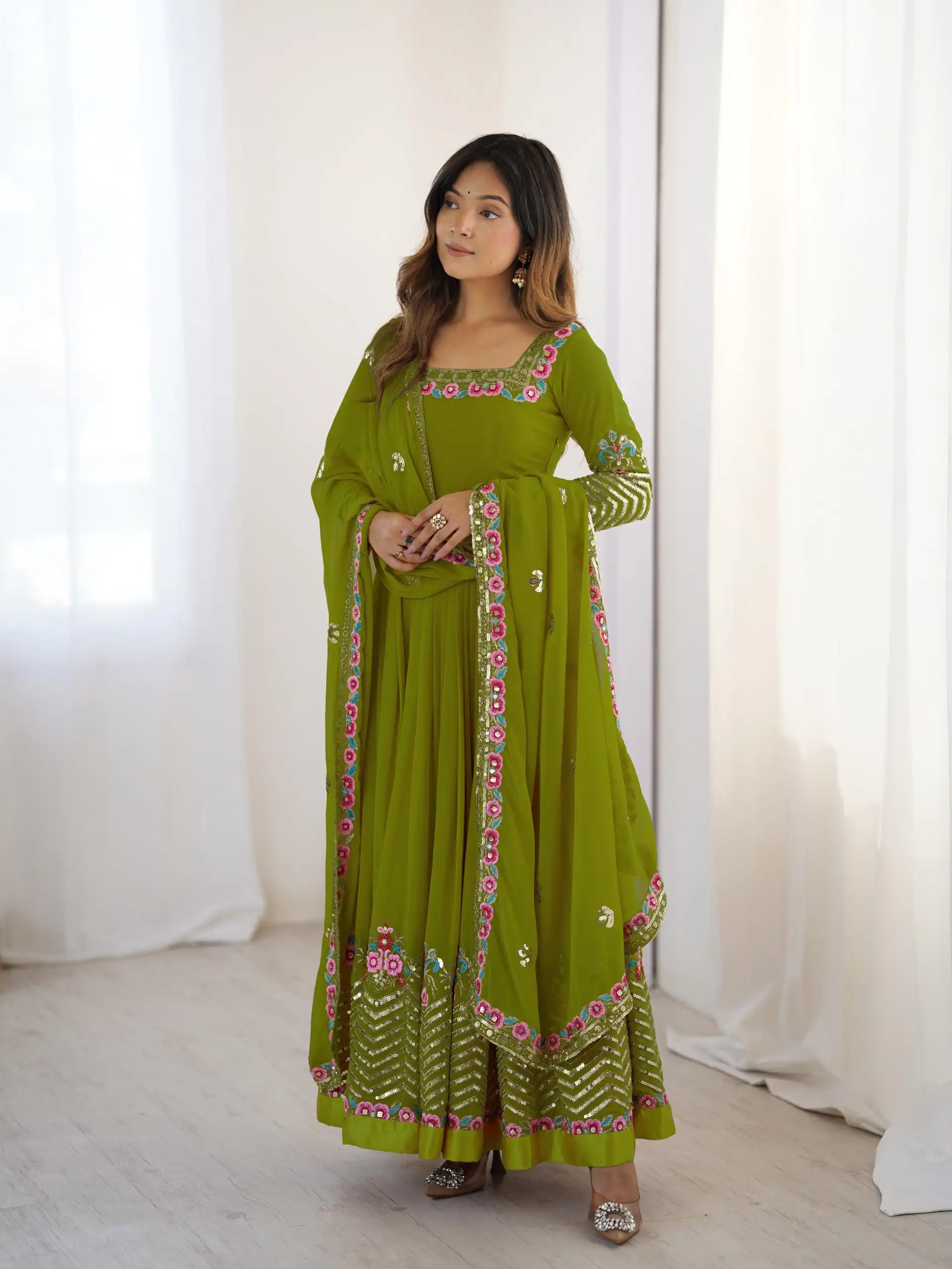 Green Georgette Multi Thread Work Gown - Image 5