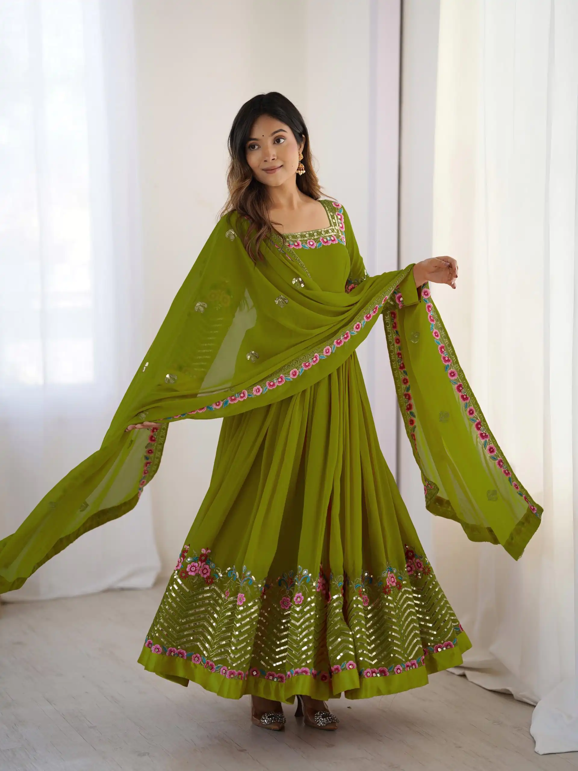 Green Georgette Multi Thread Work Gown - Image 4