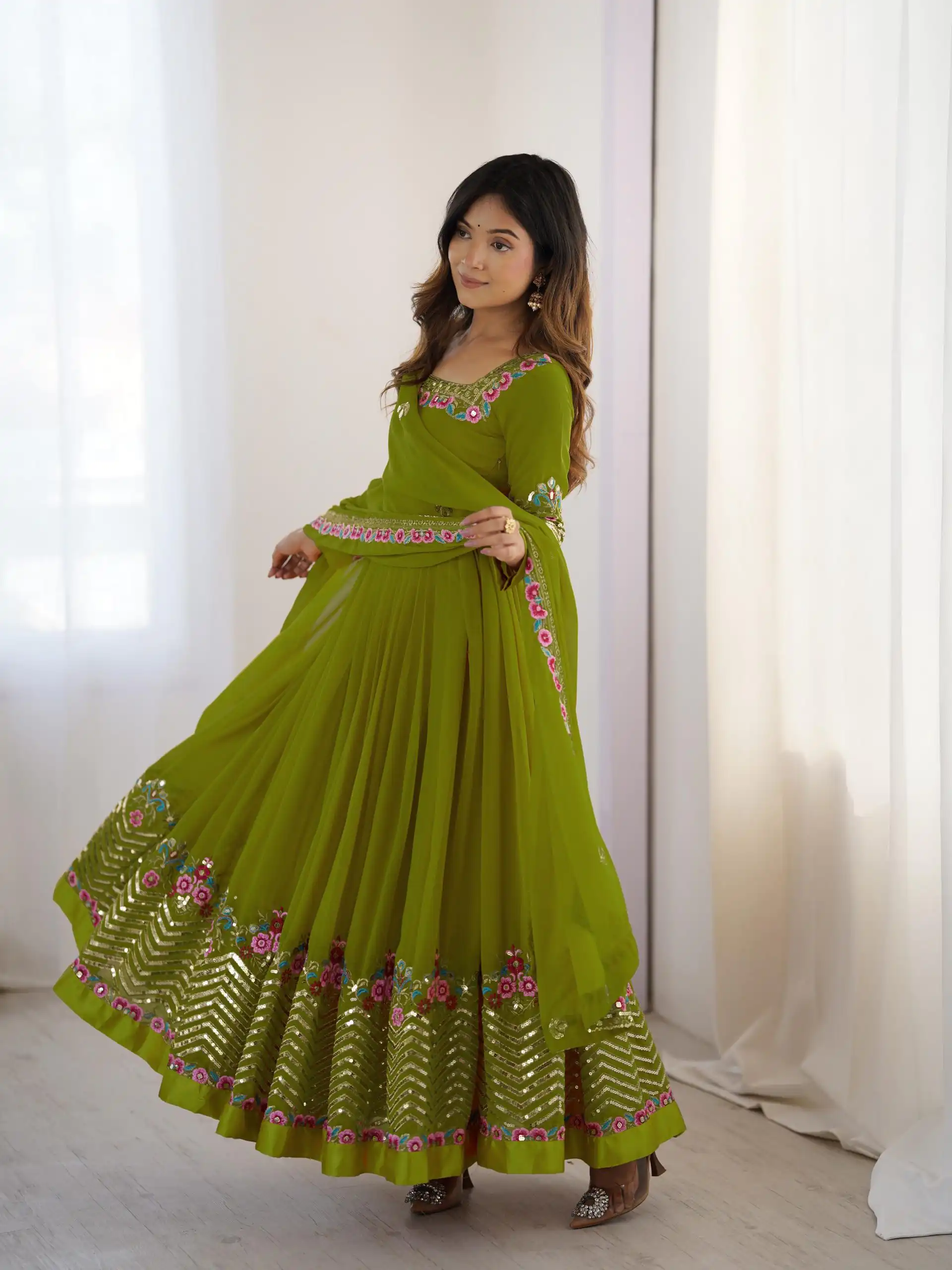 Green Georgette Multi Thread Work Gown - Image 3