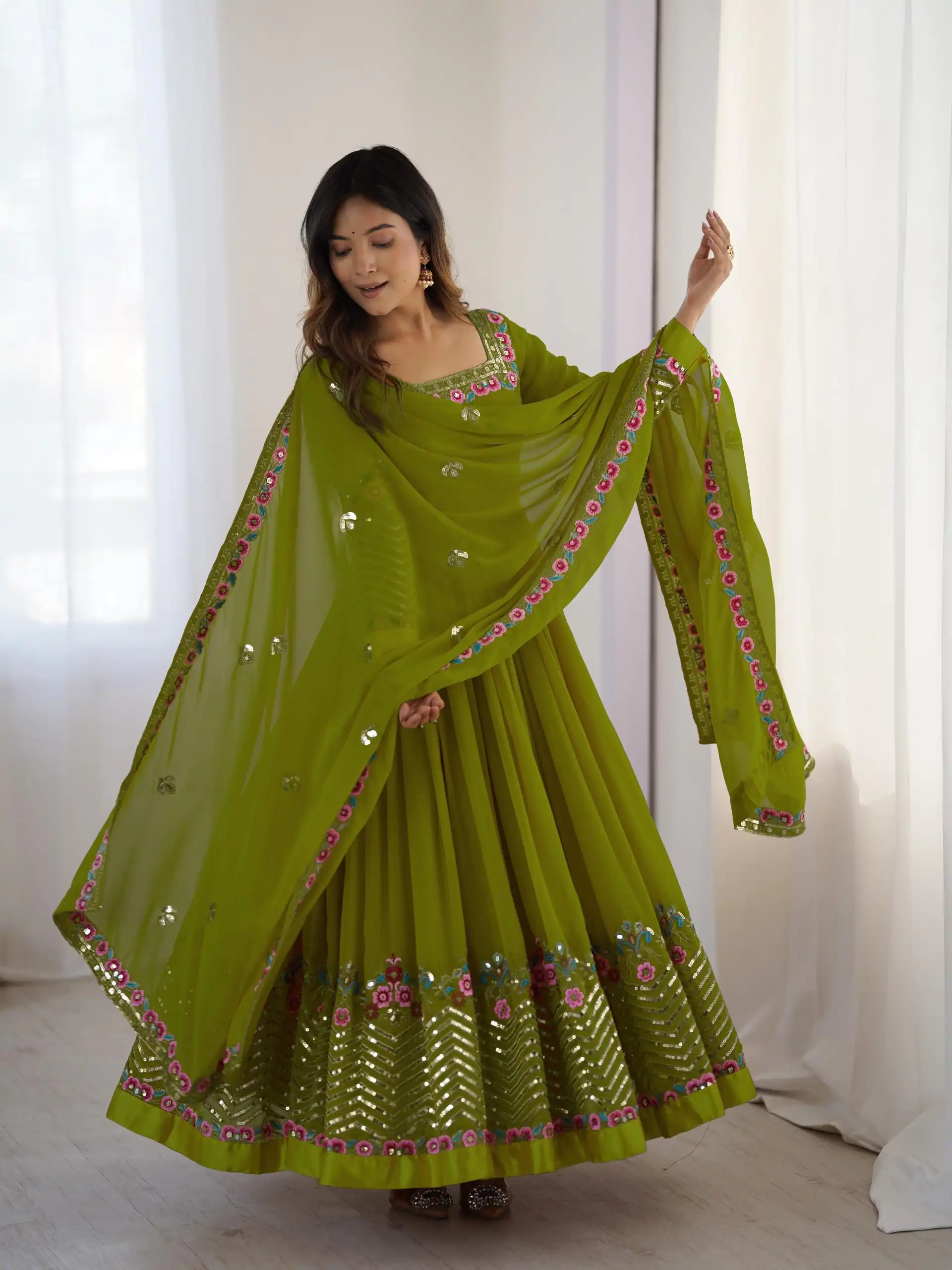 Green Georgette Multi Thread Work Gown - Image 2