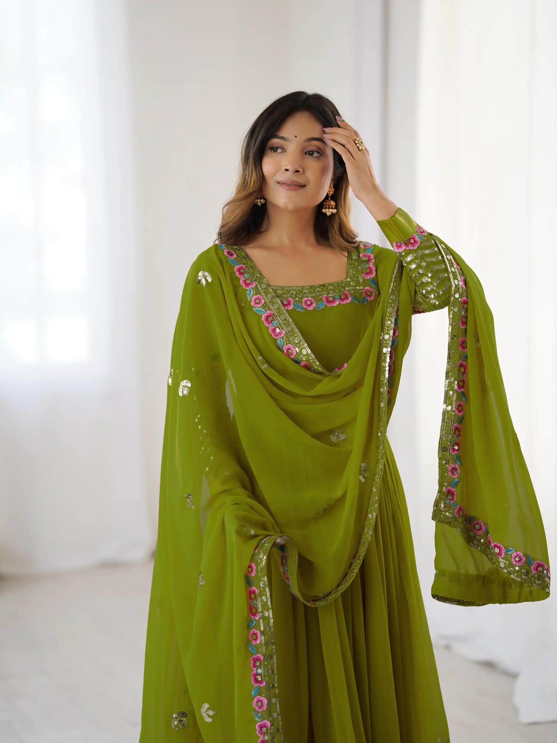 ZF 5010 Green Georgette Gown Perfect for Wedding, Party, Pooja, Ethnic Day, Karwa Chauth – . Best Price ₹2049. Delivery 4-6 Working Days. Shop now. | Jump Suits, Salwar suit, Casual Suits, Creative suits, Designer Suits, Palazzo Suits, Party Wear Suits, Patiala Suits, Straight Suits